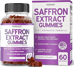 Saffron Kosttilskud (60 Gummies) Premium Saffron Gummies - Sugar Free Gummy 88.5mg Ækvivalent Extract - 5 i 1 Advanced Formel - Lækker Raspberry Flavor - Ikke GMO - Vegan & USA Made