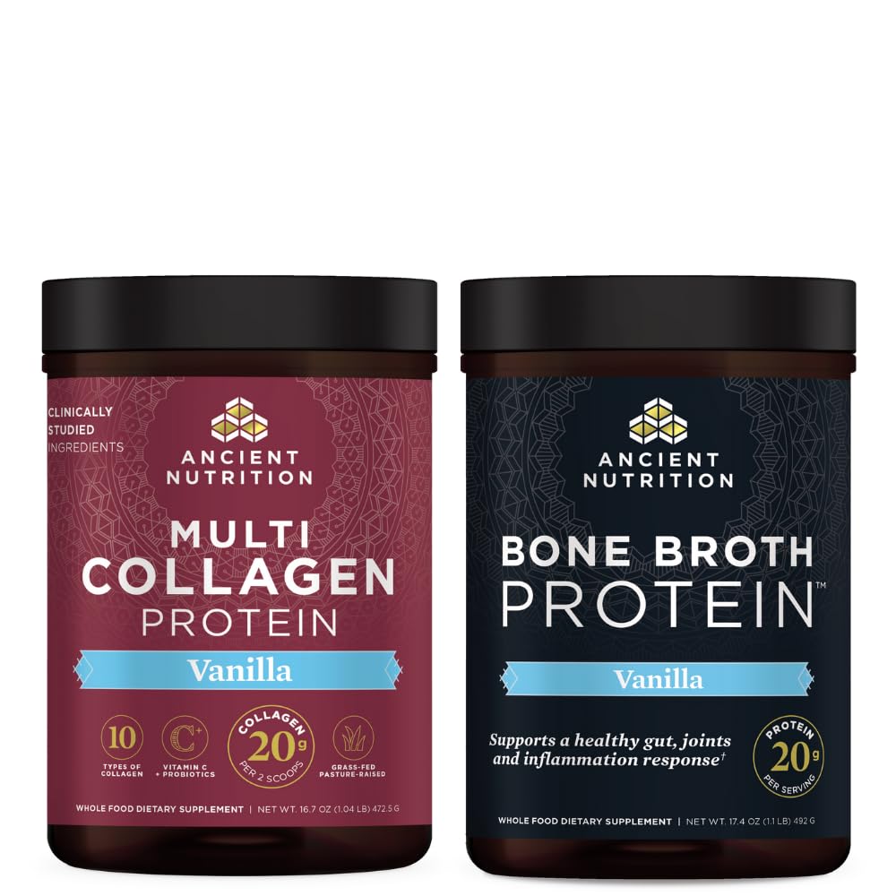 Ancient Nutrition Multi Collagen Protein Powder, Vanilla, 45 Servings + Bone Broth Protein Powder, Vanilla, 20 Servings