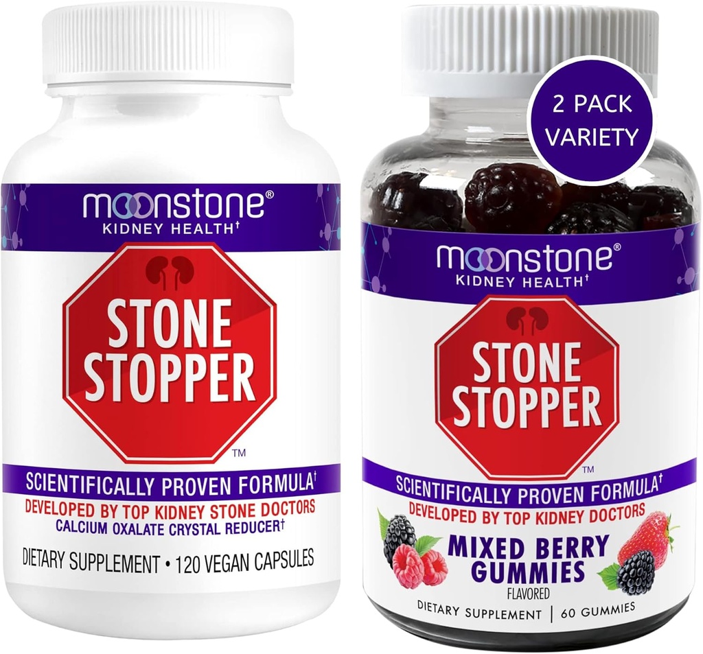 Moonstone Kidney Stone Stopper Kapsler & Gummies, Udfører Chanca Piedra Stone Breaker & Nyre Support Kosttilskud, udviklet af Urologer til at forhindre Kidney Stones, Blandede Berry (Variety 2 Pack)