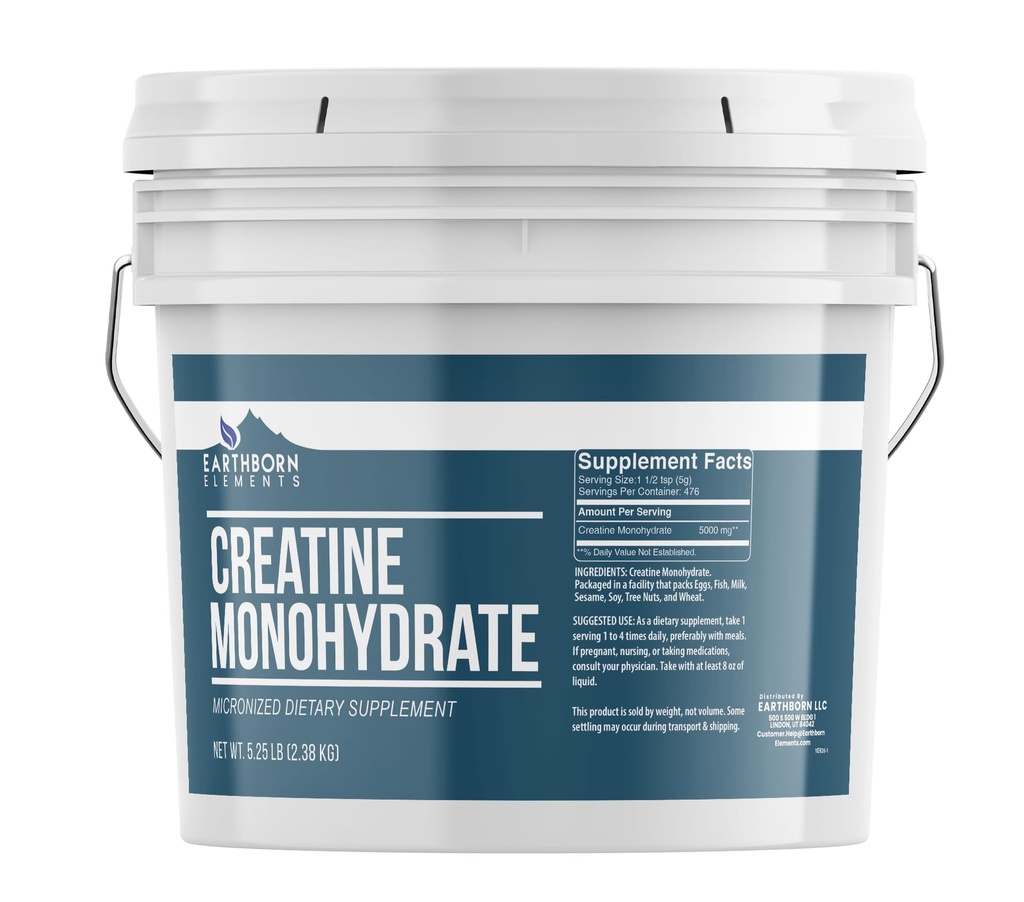 Earthborn Elements Creatinine Monohydrat Powder 1 Gallon Bucket, Mikroniseret & Unflavored, Kosttilskud, Ingen tilsætningsstoffer (84 Ounce)