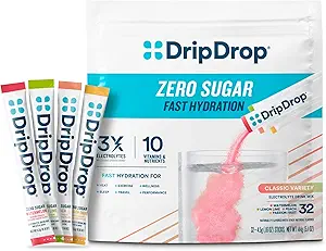 DripDrop Sugar Free Hydration Packets - Zero Classic Variety Pack - Single Serve Electrolytes Powder Drink Mix - Lemon Lime, Watermelon, Peach, Passion Fruit - Non-GMO, Gluten Free, Vegan - 32 Sticks