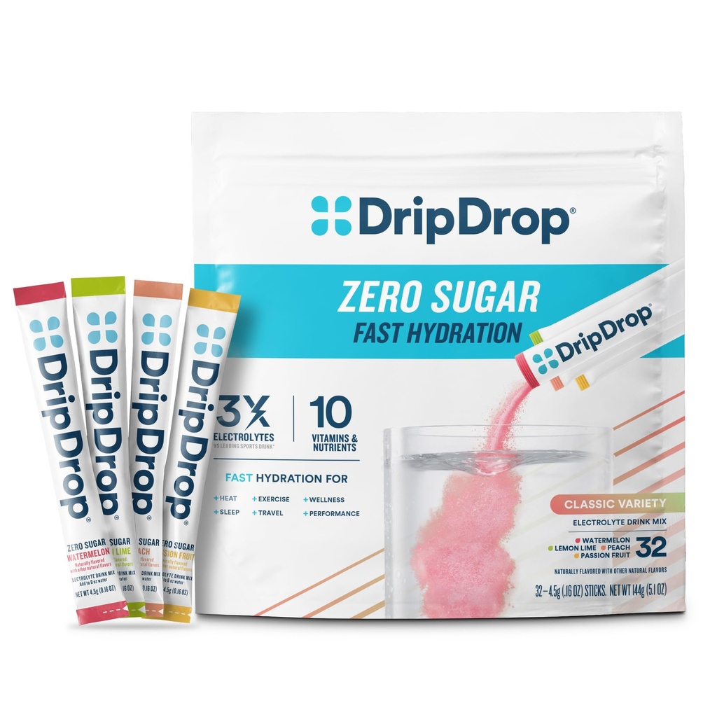 DripDrop Sugar Free Hydration Packets - Zero Classic Variety Pack - Single Serve Electrolytes Powder Drink Mix - Lemon Lime, Watermelon, Peach, Passionsfrugt - Non-GMO, Gluten Free, Vegan - 32 sticks