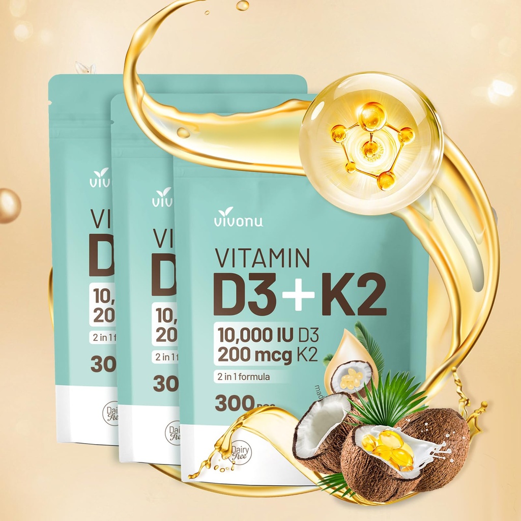 Vitamin D3 10000 iu Plus K2 (MK- 7) 200 mcg, 300 Coconut Oil Softgels - 124; 2 i 1 VIT D & K Complex - 124; Understøtter Calcium Absorption, ben, immunforsvar, & Heart Health - Nem at synke (900 Softgels / 3 Bag)