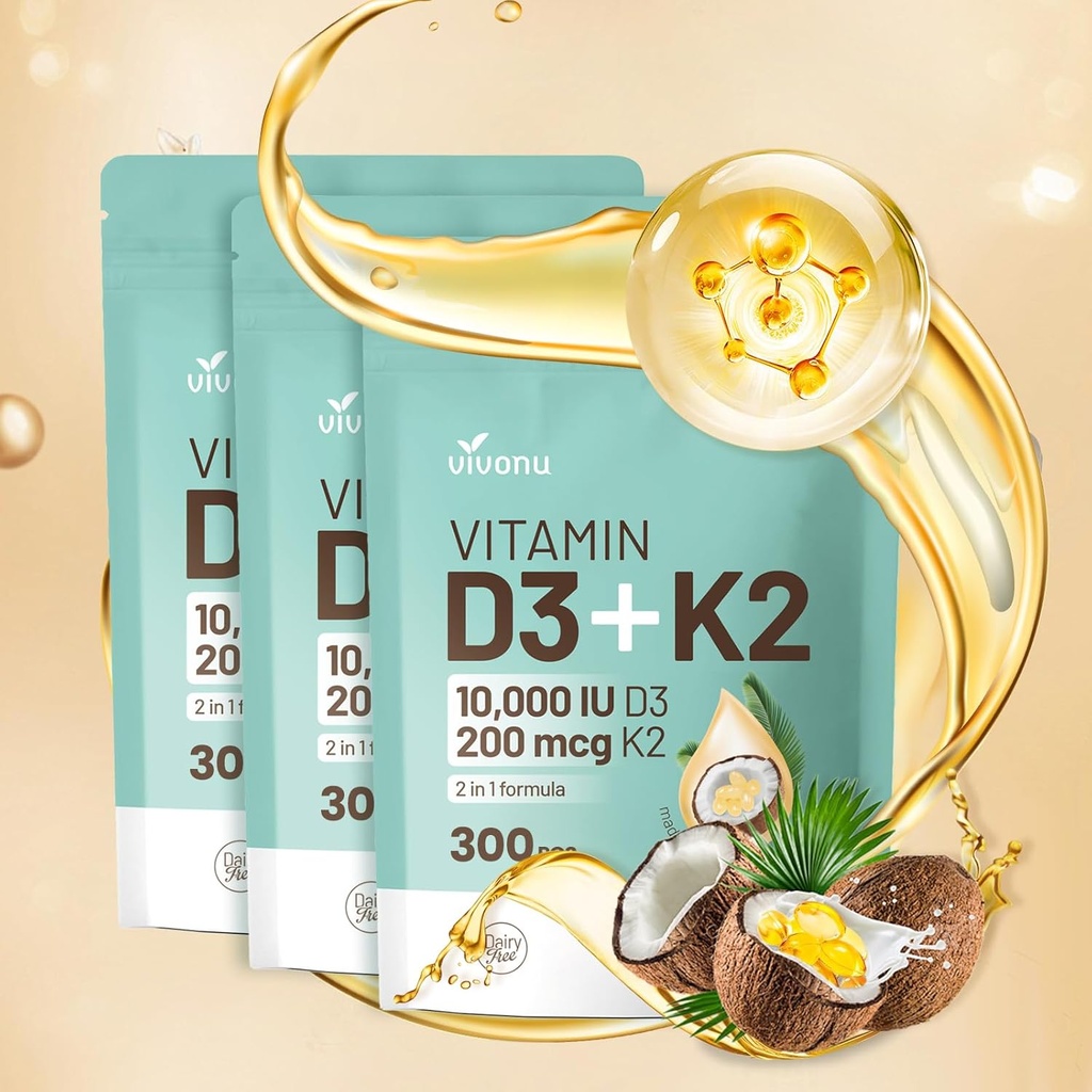 Vitamin D3 10000 iu Plus K2 (MK- 7) 200 mcg, 300 Coconut Oil Softgels - 124; 2 i 1 VIT D & K Complex - 124; Understøtter Calcium Absorption, ben, immunforsvar, & Heart Health - Nem at synke (900 Softgels / 3 Bag)