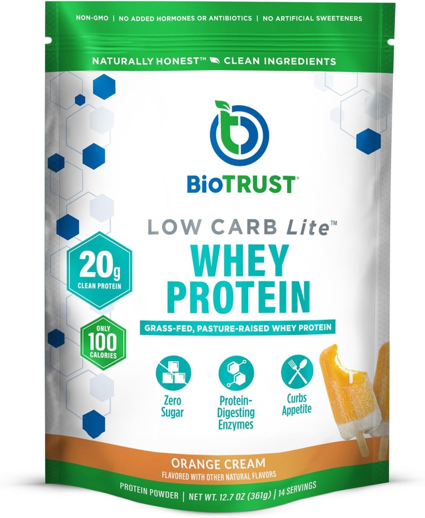 BioTrust Low Carb Lite, 20 Grass- Fed Whey Protein Isolate, 100 kalorier, ProHydrolase fordøjelsesenzymer, Non- GMO, Gratis fra Soy og Gluten, rBGH-Free (14 Servere) (Orange Cream)