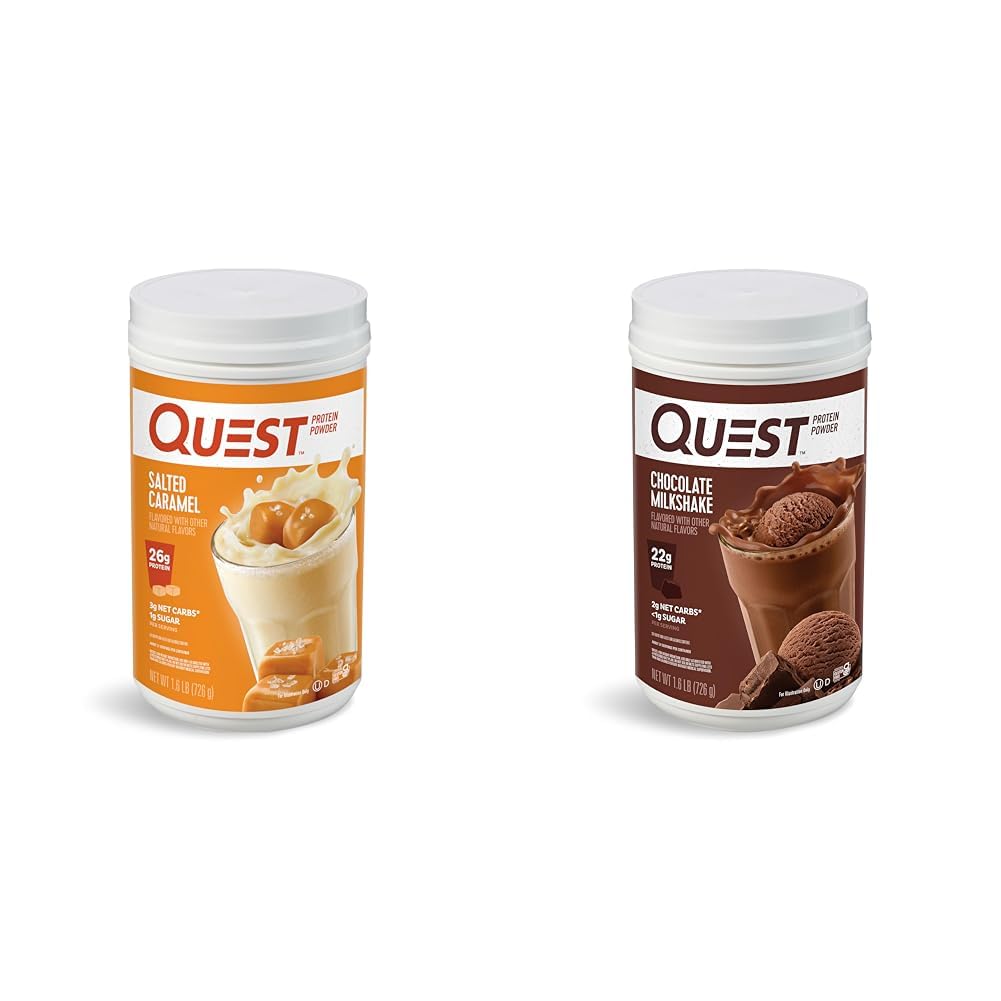 Quest Nutrition Salted Caramel Protein Powder; 26g Protein; 1g Sugar; Low Carb; Gluten Free; 1.6 Pounds; 24 Servings & Chocolate Milkshake Protein Powder, 22g Protein, 2g Net Carbs, 1g Sugar