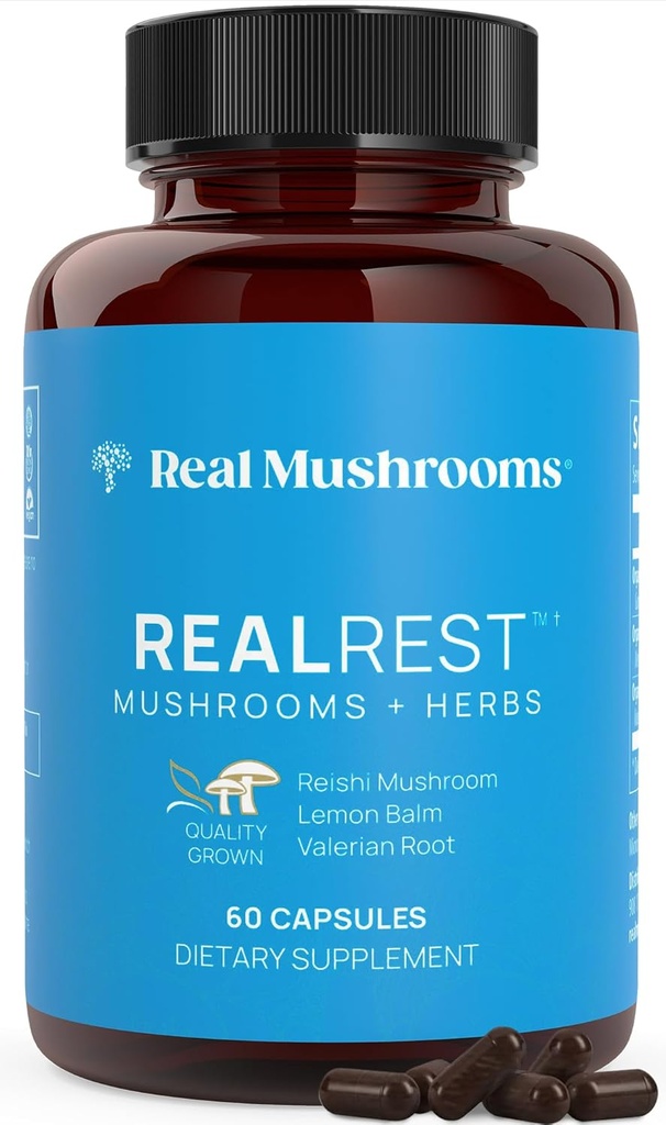 Real Mushrooms Realrest Capsules - Organic Reishi Mushroom og Lemon Balm Extract - Calmness, Mindfulness & Wellness Support - Vegan, Non- GMO, Ingen Fillers - 60 Count Functional Mushroom Supplement