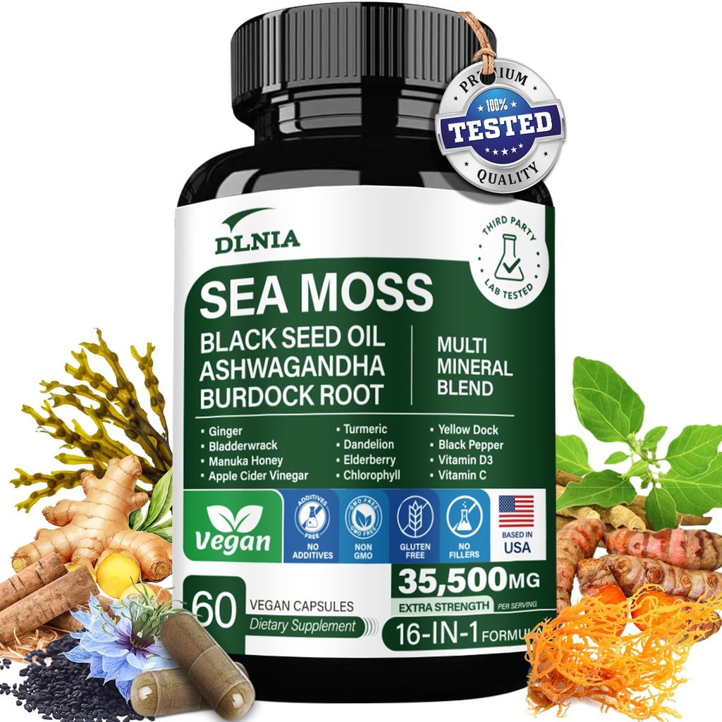 16-in-1 Organic Sea Moss Gel Alternative Capsules – Superfood Blend with Ashwagandha, Black Seed Oil, Turmeric, Bladderwrack, Burdock, Elderberry, Manuka, Dandelion, Yellow Dock, Vitamin C & D3