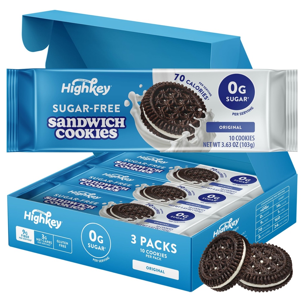 HighKey Sugar Free Sandwich Cookies - Low Calorie, Keto-Friendly Snack With Zero Sugar and Gluten Free - 30 Count