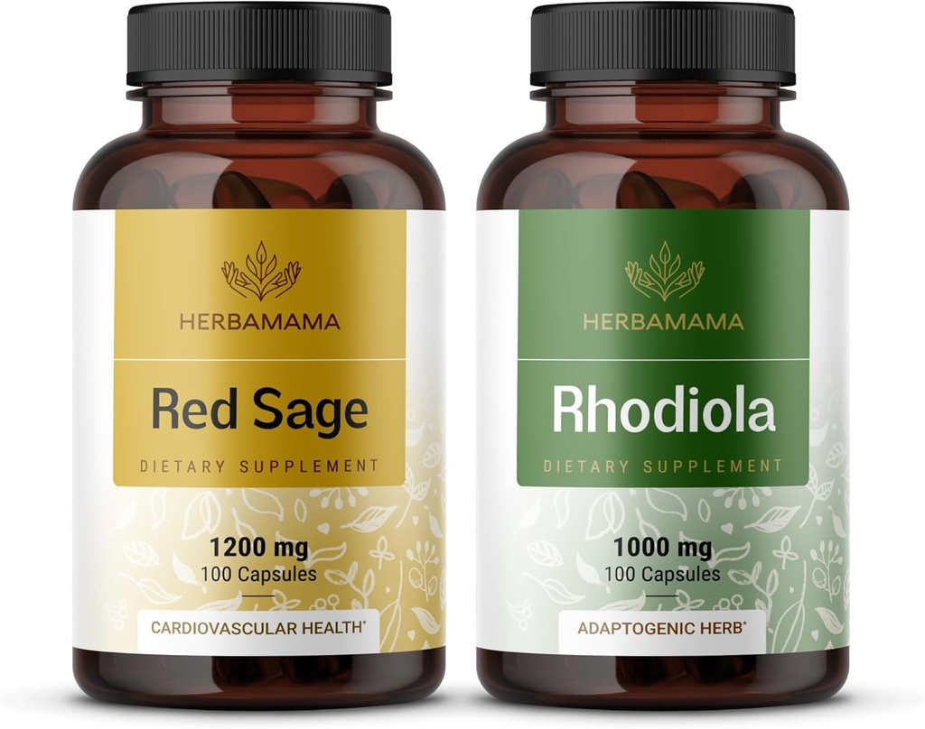 HERBAMAMA Red Sage and Rhodiola Kit - Bundle of 1200 mg Red Sage Dan Shen & 1000 mg Rhodiola Rosea Capsules - Vegan, non-GMO, Sugar & Gelatin- Free - 2 Pack