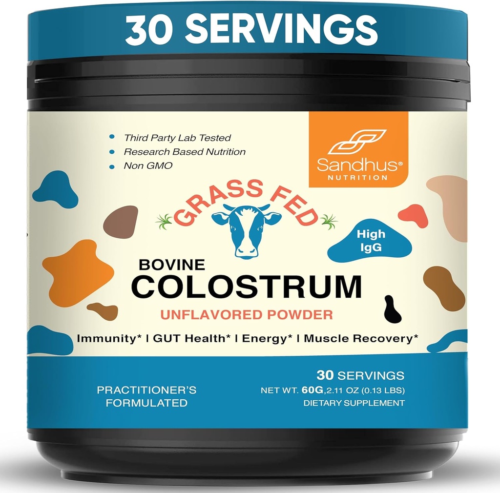Sandhu 's Grass Fed Bovine Colostrum Powder for mennesker, Voksen124; 30 Servering (Pack of 1) Køer Supplement 124; High IgG for Gut Health
