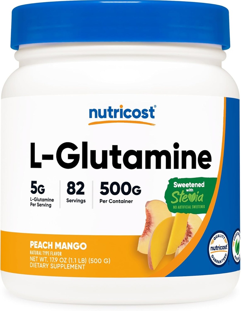 Nutricost L- Glutamin Pulver sødet med Stevia (500 Bedste, Peach Mango) - Supplement til Gut Support, 5 Grams af L- Glutamin Per Serving - Gluten Free, Non- GMO
