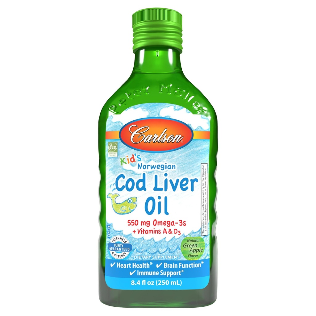 Carlson - Kid 's Cod Lever Oil, 550 mg Omega- 3s, Plus Vitamin A og D3, Flydende Fiskeolie, Wild Catht Norwegian Arctic Cod, Sustainable Sourced Nordic Fish Oil, Green Apple, 250 ml (8.4 Fl Oz)