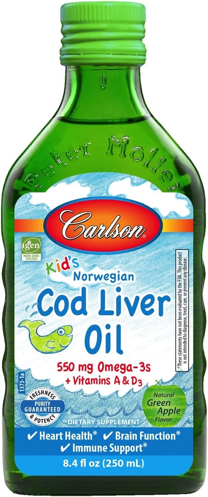 Carlson - Kid 's Cod Lever Oil, 550 mg Omega- 3s, Plus Vitamin A og D3, Flydende Fiskeolie, Wild Catht Norwegian Arctic Cod, Sustainable Sourced Nordic Fish Oil, Green Apple, 250 ml (8.4 Fl Oz)