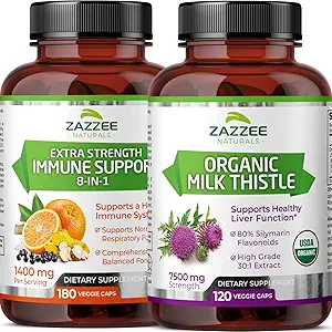 Zazzee USDA Organic Milk Thistle Extract Capsules and Extra Strength 8- in-1 Immunsupport Capsules
