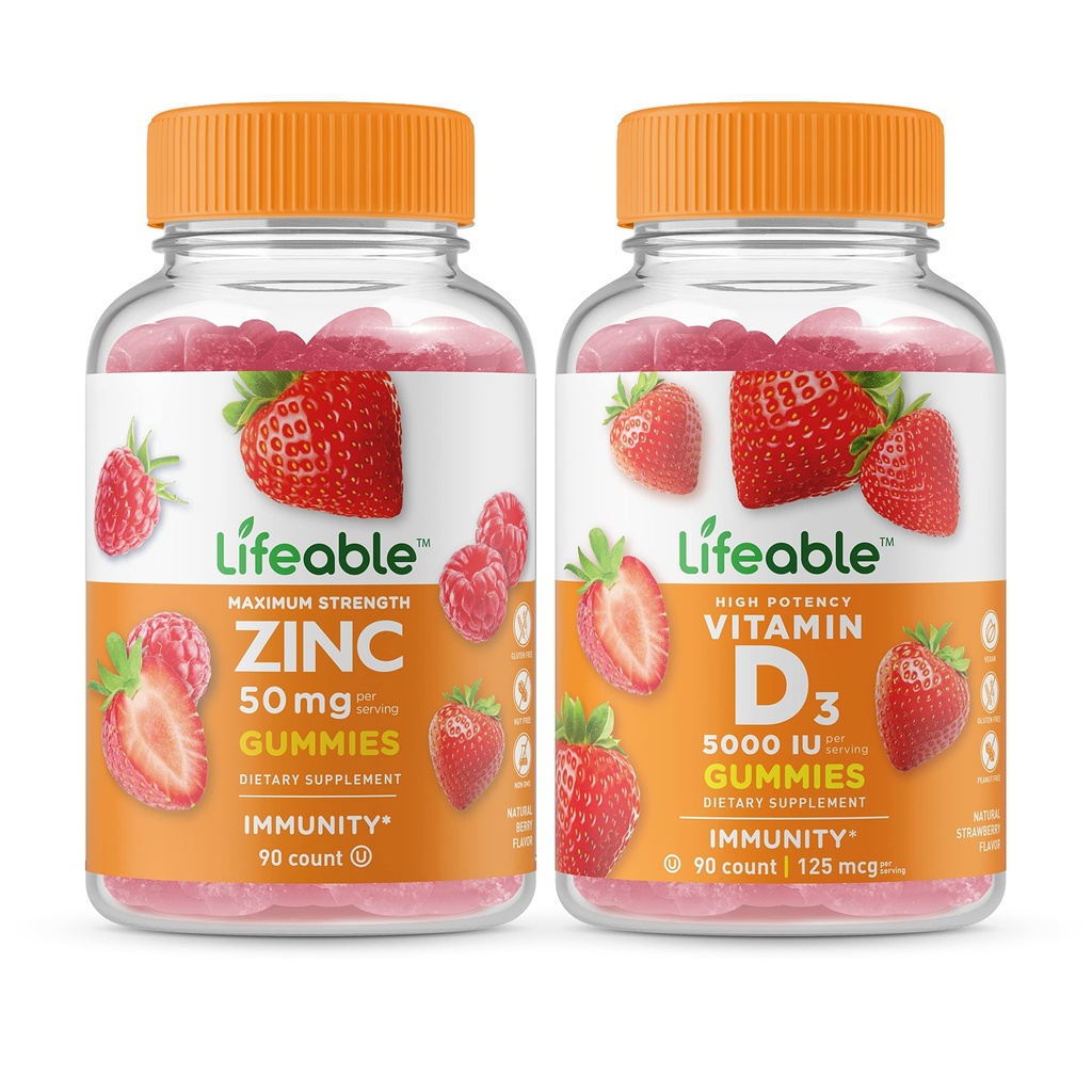 Lifeable Zink 50mg + D-vitamin 5000 IE, Gummies Bundle - Great Tasting, Vitamin Supplement, Gluten fri, GMO fri, Chewable Gummy