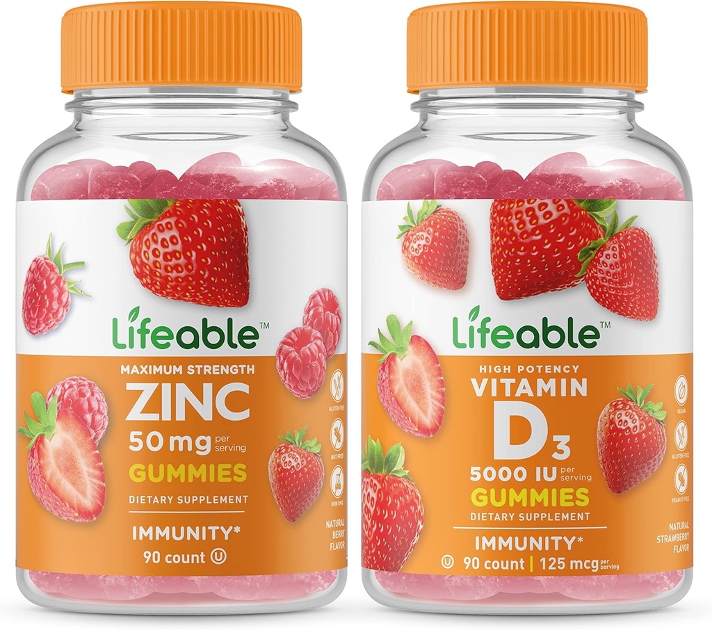 Lifeable Zink 50mg + D-vitamin 5000 IE, Gummies Bundle - Great Tasting, Vitamin Supplement, Gluten fri, GMO fri, Chewable Gummy