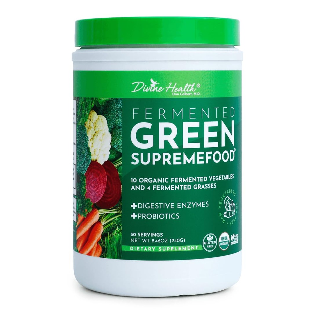 Guddommelig sundhed Gæret Green Supremefood ekskl. 124; 14 USDA Organic & Gæret Grøntsager og Græsser > 124; Probiotika ekskl. 124; Enzymer ekskl. 124; Apple Kanel Flavor; 30 Servering > 124; 240g
