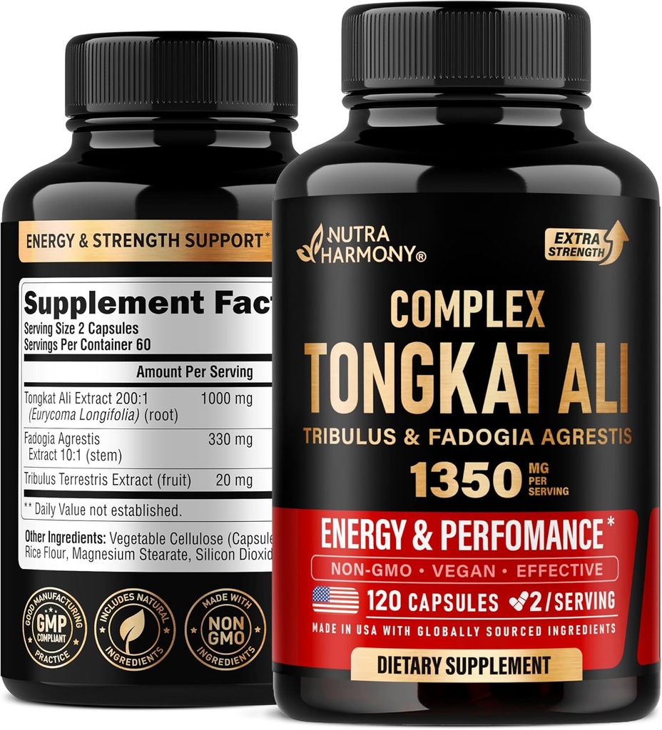 Tongkat Ali Mænd 1350mg Complex - Fadogia Agrestis Note 124; Tribulus Terrestris - Energy, Strength & Performance Support - Extra Strength 200: 1 Extract - 3. part testet, Made in USA - 120 Capsules / 2 Month