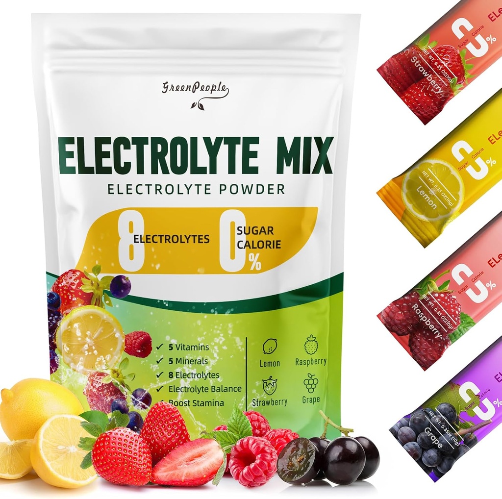 GREENPEOPLE Electrolytes Powder No Sugar - Sugar Free Hydration Electrolyte Packets - Fruit Flavors Electrolyte Drikke Mix - 8 Electrolytes 5 Vitamin & Minerals Vegan non-GMO 16 Sticks