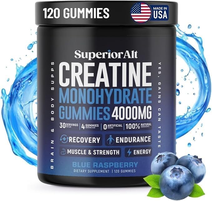 Creatine Gummies - 120g of Creatine Monohydrate- Build Muscle & Boost Strength for Men & Women - Made in USA - Non GMO - Vegan Friendly (Blue Raspberry)