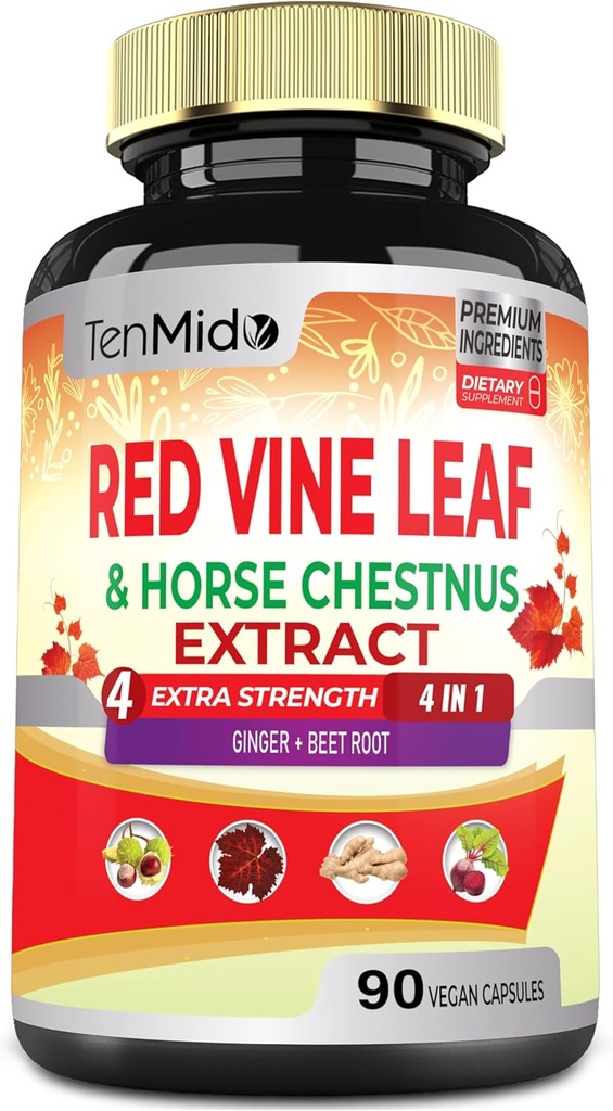 Red Vin Leaf Extract Kapsler - med hest Chestnut, Beet Root, Ingefær - Urtetilskud til hjerte, ben Vein & energi - 90 Veganske Kapsler til 45 dage