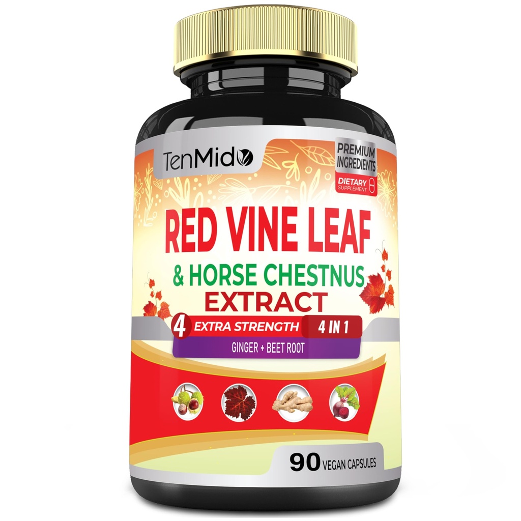 Red Vin Leaf Extract Kapsler - med hest Chestnut, Beet Root, Ingefær - Urtetilskud til hjerte, ben Vein & energi - 90 Veganske Kapsler til 45 dage