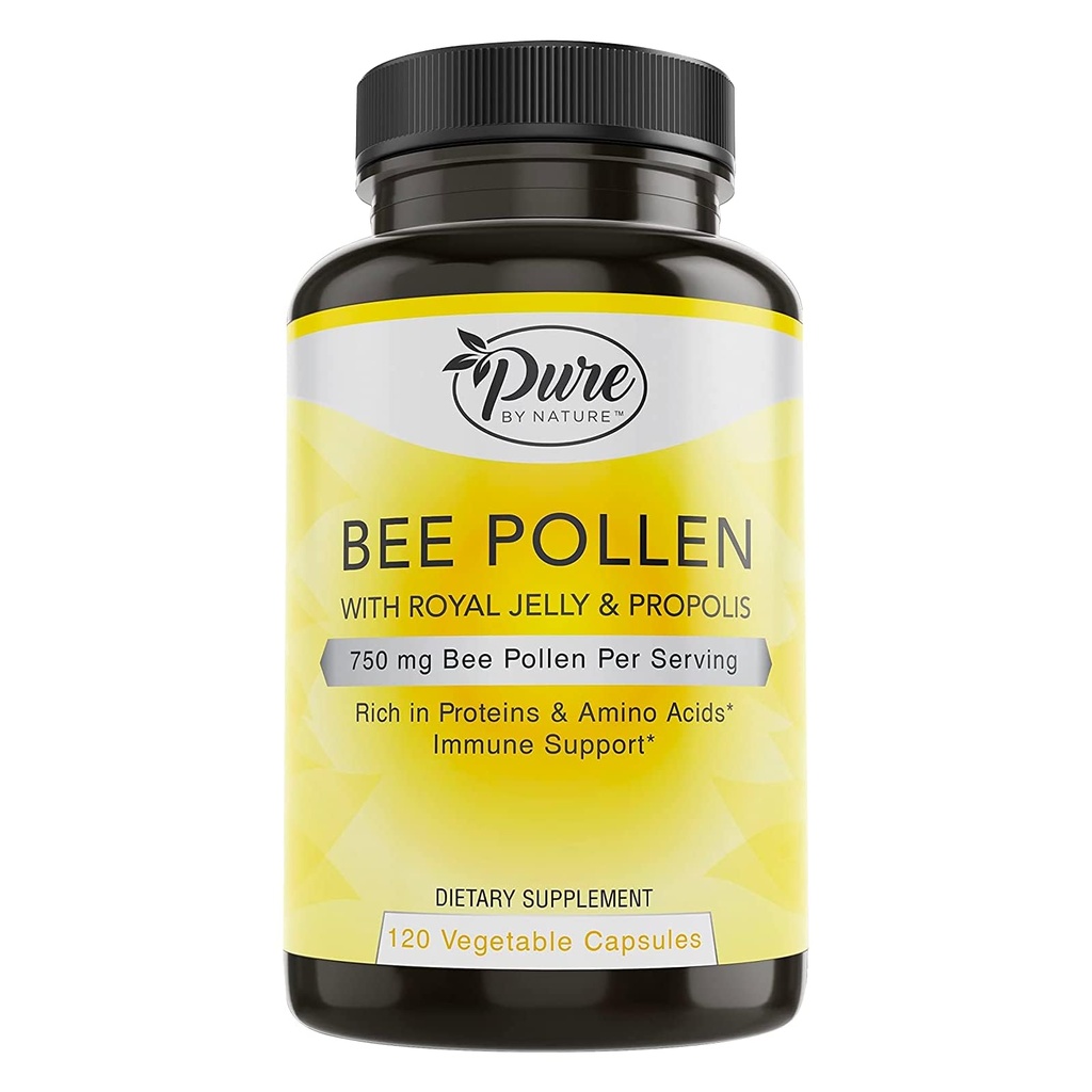 Pure by Nature Bee Pollen Supplement med Propolis & Royal Jelly til immunforsvar, Antioxidant Egenskaber, 120 non-GMO vegetariske kapsler