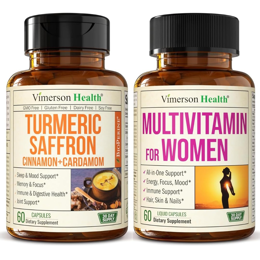 Vimerson Health Turmeric Saffron & Women’s Liquid Multivitamin – Mood, Energy & Joint Wellness Bundle for Women