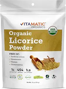 Vitamatisk Certificeret USDA Organic Lakrids Root Powder - 1 LB (16 oz) Også kendt som Malethi eller Mulethi Mest124; Pure Glycyrrhiza Glabra Mest124; Understøtter Luftveje, fordøjelsessygdomme, & immunforsvar