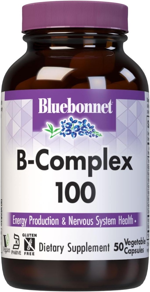 Bluebonnet Nutrition B Complex 100 Vegetabilske kapsler, Komplet fuld spektrum, B6-vitamin, B12, Biotin, Folate, Vegan, Vegetar, Gluten Free, Soy Free, Milk Free, Kosher, 50 Vegetabilske kapsler