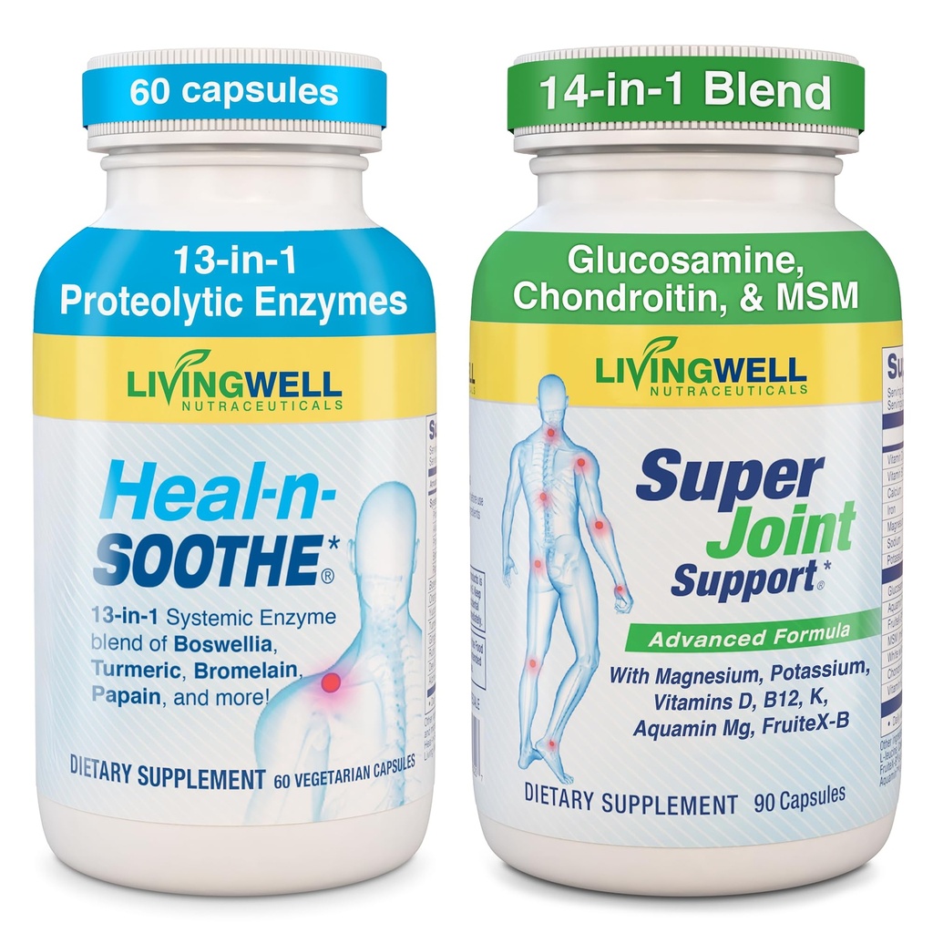 HEAL-N-SOOTHE & SUPER JOINT SUPPORT Supplement - Proteolytic Enzyme Formula with Turmeric, Bromelain & Boswellia for Joint Health - Plus Glucosamine, MSM & Chondroitin for Joint Flexibility & Mobility