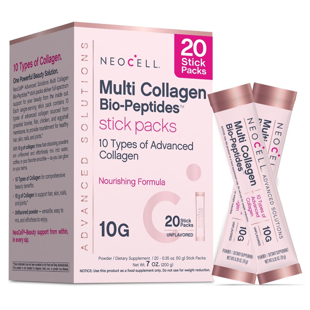 NeoCell Multi Collagen Powder | 20 Stick Packs | Unflavored and Mixes Easily | 10 Types of Advanced Collagen Bio-Peptides | Superior Absorption