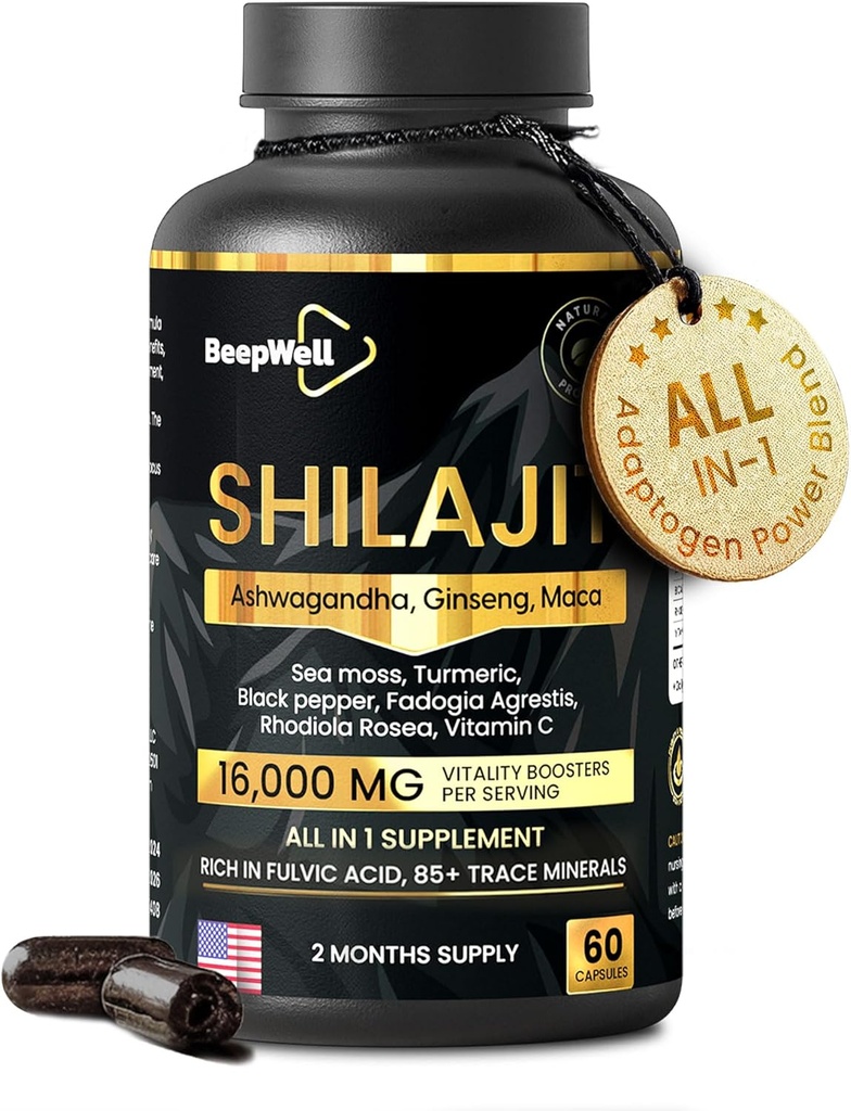 Shilajit kapsler til mænd og kvinder, 16,000mg Pure Himalayan Organic Shilajit understøtter Vitality and Wellness, Premium Pure Himalayan Supplement 2 Months Supply, 60 Kapsler
