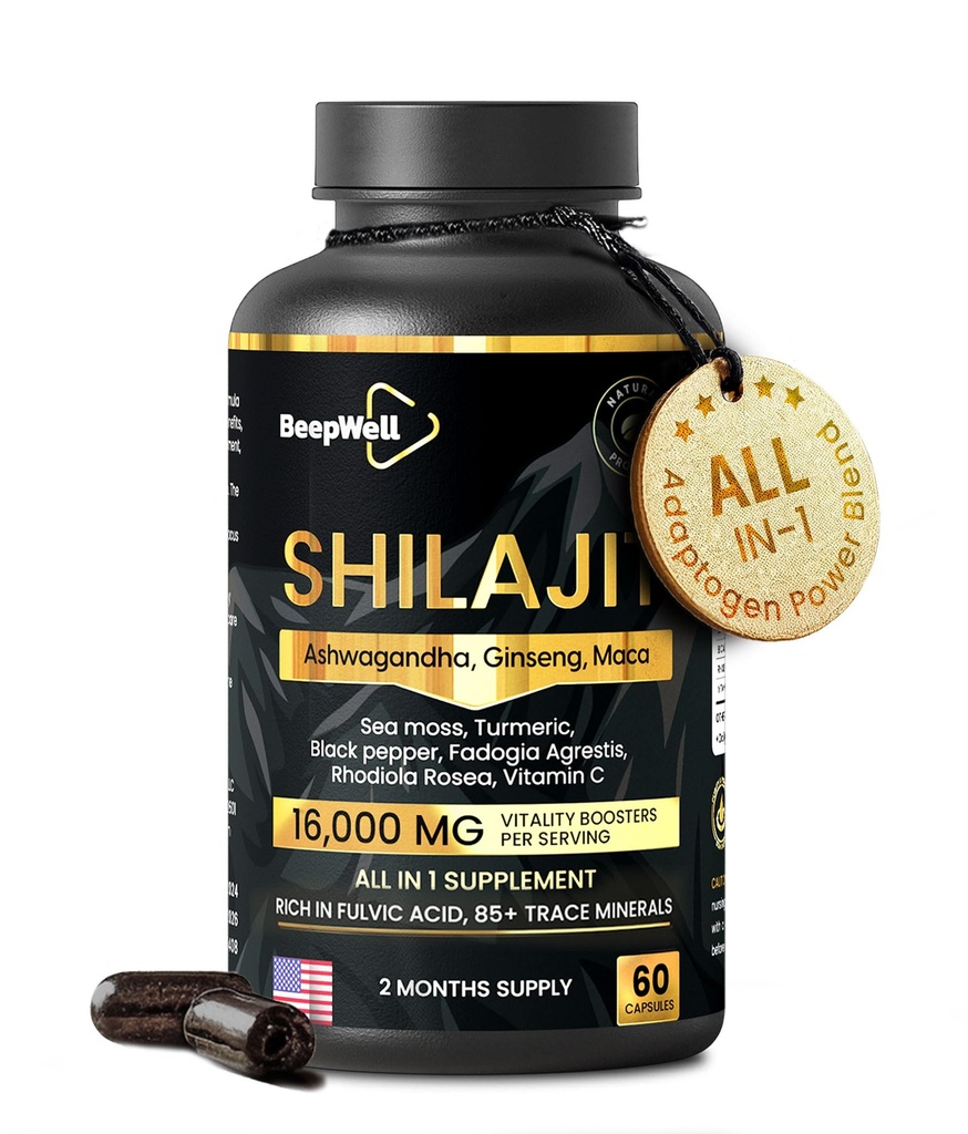 Shilajit kapsler til mænd og kvinder, 16,000mg Pure Himalayan Organic Shilajit understøtter Vitality and Wellness, Premium Pure Himalayan Supplement 2 Months Supply, 60 Kapsler