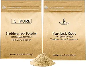 PURE ORIGINAL INGREDIENSER Burdock Root og Bladerwrack Powder Bundle, 8 oz Hver, Lab- Verified, Urtetilskud