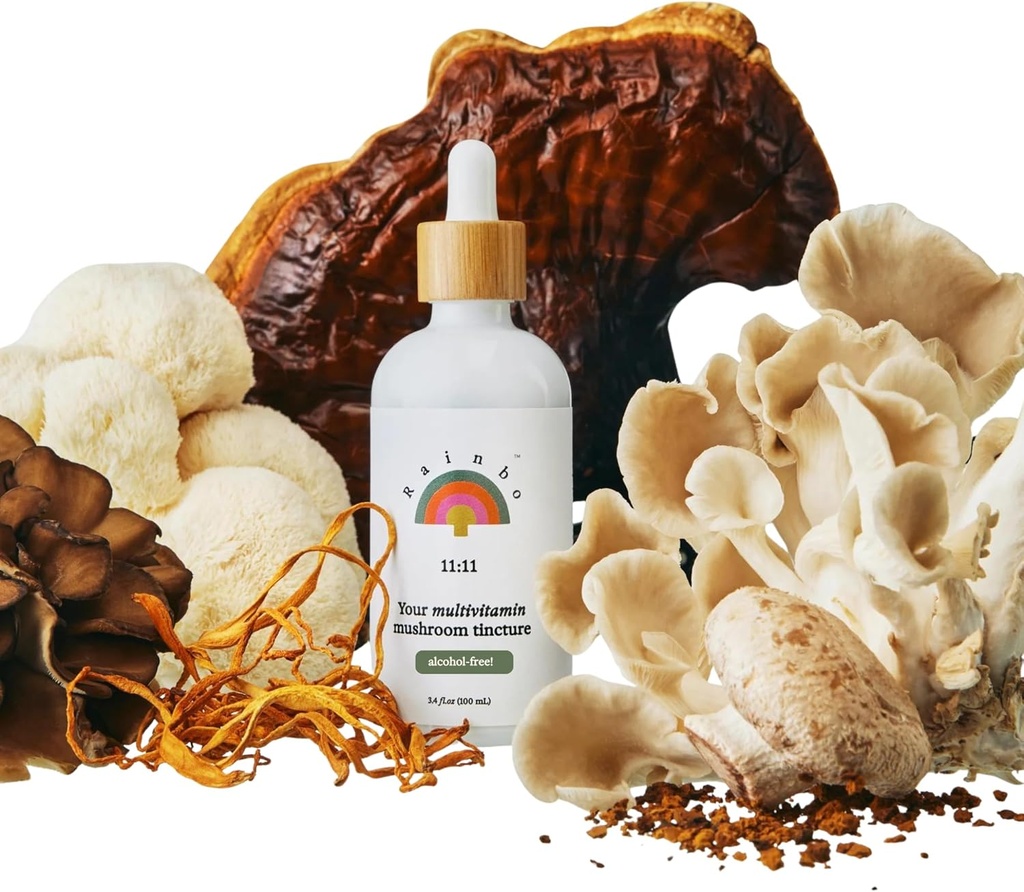 Rainbo - 11: 11 Multi Mushroom Tinktur - 11-in-1 Alkoholfri - Dual Extract Mushroom Blend - Omfattende immunforsvar, Brain Support, Flydende Løve 's Mane & Tyrkiet Tail, Vegan, Ikke GMO, 3.4 fl oz