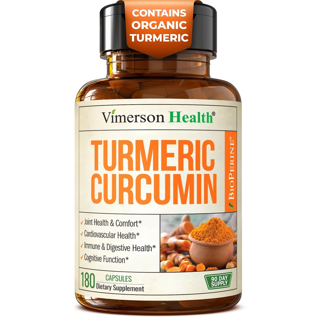 Turmeric with Black Pepper - High Potency Organic 1200mg Turmeric Curcumin Supplement for Joint Support & Digestive Health - Curcumin with Black Pepper for High Absorption - Non-GMO - 180 Capsules