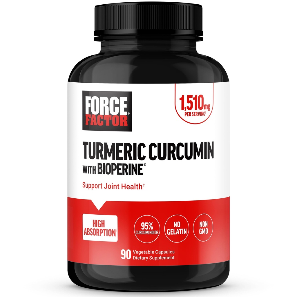 Force Factor Turmeric Curcumin Supplement with Black Pepper, Joint Support Supplement with BioPerine for Enhanced Absorption, No Gelatin, Non-GMO, 90 Capsules