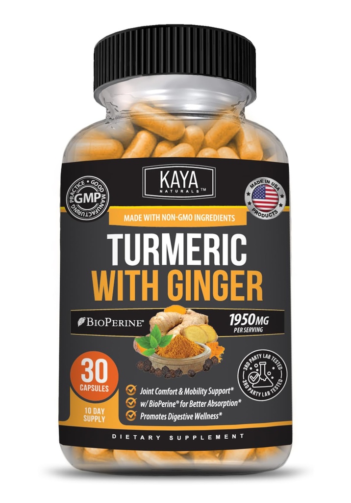 Kaya Naturals - Tumeric Curcumin Standardized - Tumeric Ginger Supplement - Movement Support with Bioperine - Curcumin Nature Made - 1950mg - 30 Count - Veggie Capsule