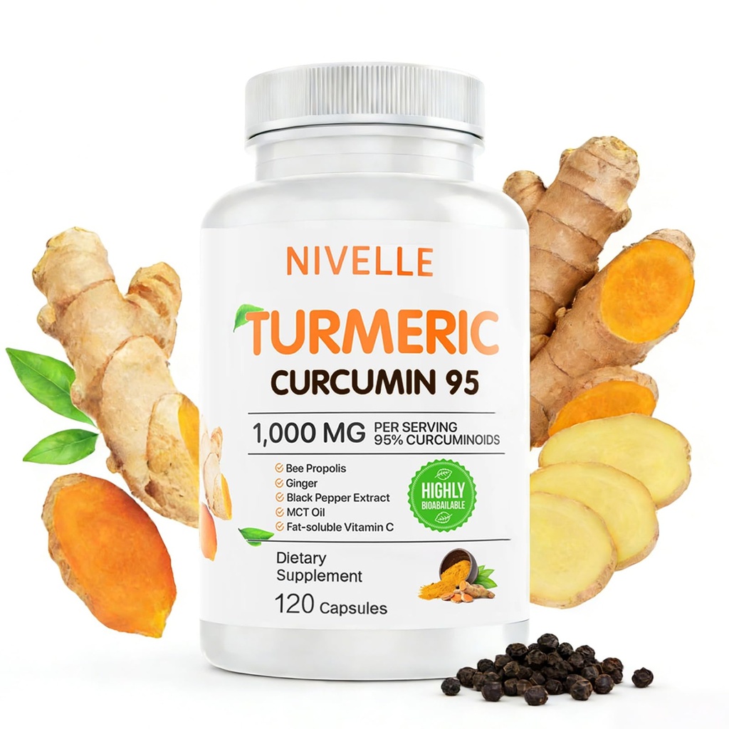 NIVELLE Pure Turmeric Curcumin Supplement 1,000mg | 95% Curcuminoids with Bee Propolis, Ginger, MCT Oil, Fat Soluble Vitamin C, & Black Pepper | Non-GMO, Gluten Free | 120 Capsules