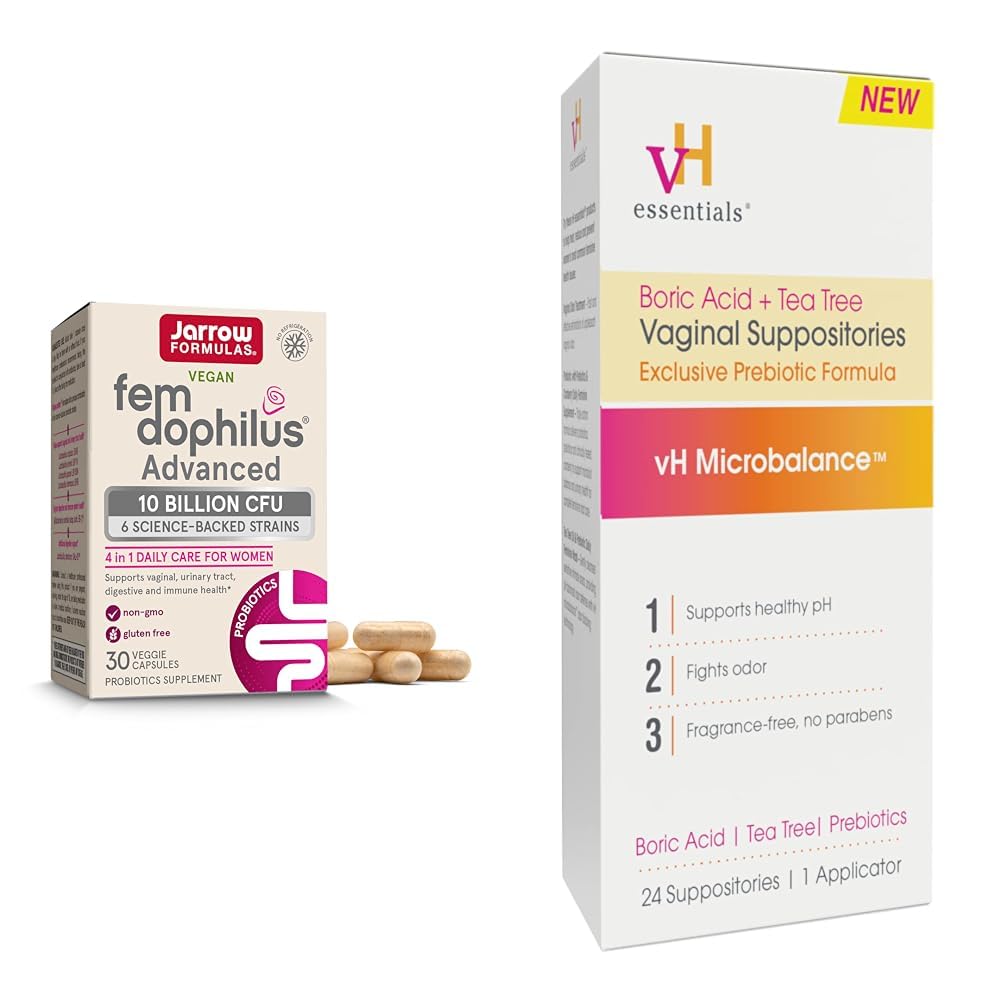 Jarrow Fem-Dophilus Probiotics 10 Billion CFU and vH Essentials Boric Acid Vaginal Suppositories with Tea Tree Oil and Lactic Acid - Feminine Health Bundle