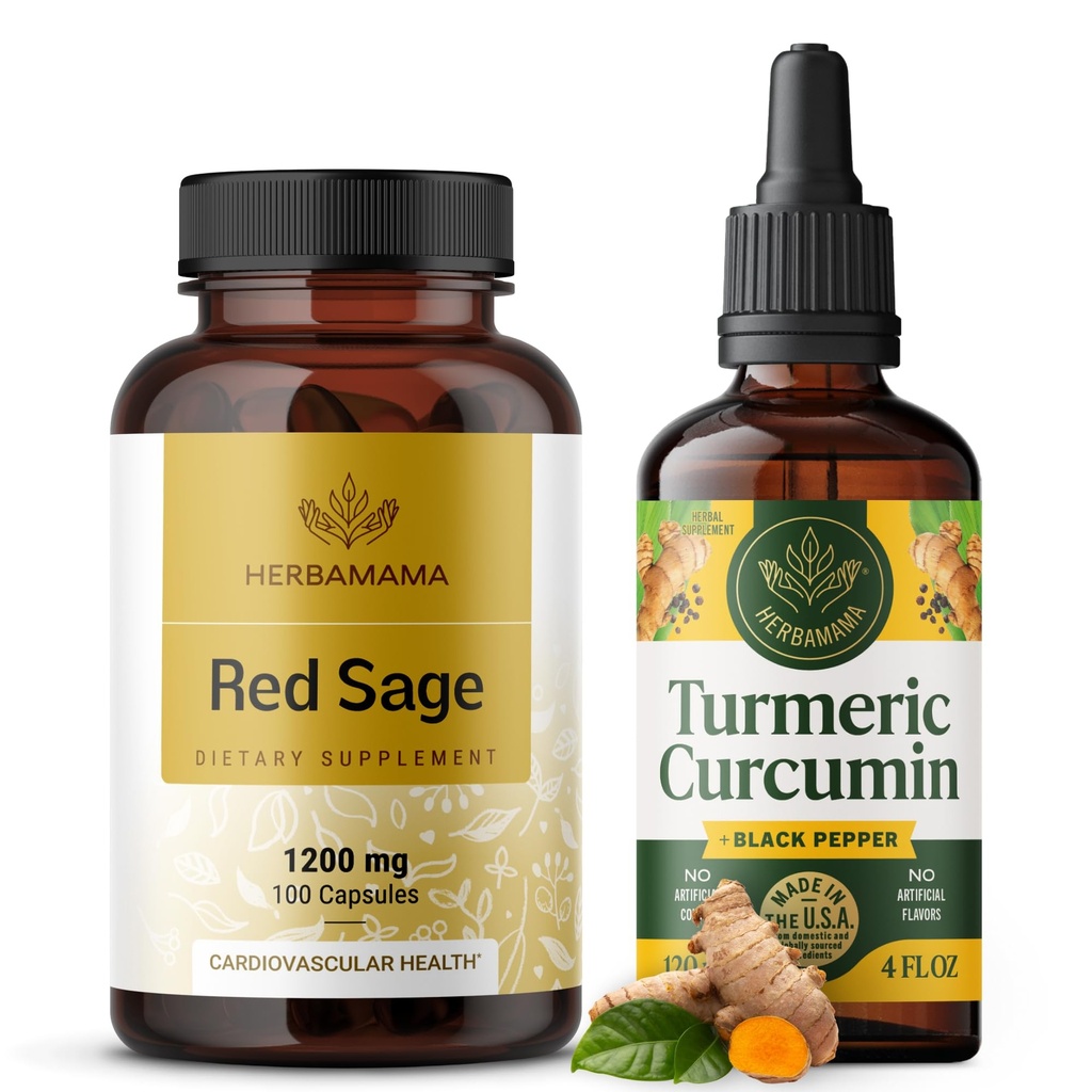 HERBAMAMA Red Sage and Turmerisk Kit - Bundle of 1200 mg Red Sage Dan Shen Capsules & Turmerisk Curcumin Drops 2 fl oz - Vegan, Non- GMO, Sugar & Alcohol- Free - 2 Pack