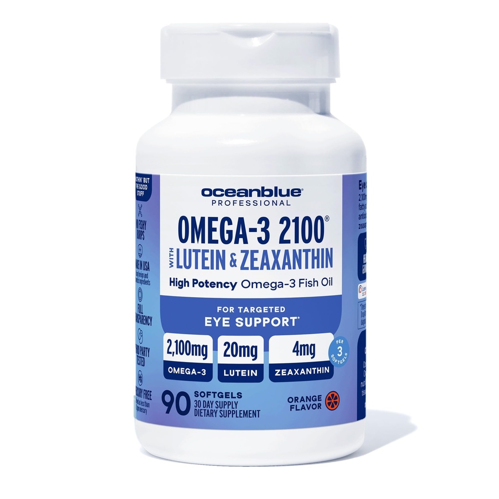 Oceanblue Omega-3 2100mg with Lutein & Zeaxanthin for Eye, Brain, & Heart Health Support | Wild Caught Triple Strength Fish Oil Supplement with DHA & EPA | Orange Flavor, 90 softgels, 1 Month Supply