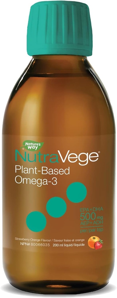 Nature's Way NutraVege Plant-based Omega-3 Supplement, 100% Vegetarian, EPA + DHA from Algal Oil, Vegan, Strawberry Orange Flavour, 200 mL Liquid