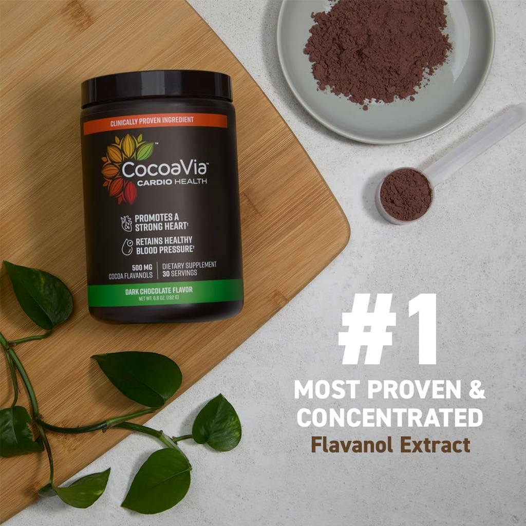 CocoaVia Cardio Sundhed Kakaopulver, 30 Servere, 500mg Kakaopulver, Support Heart Health, Boost Nitroxid, Forbedre cirkulation, Energi, Preworkout, Vegan, Dark Chocolate Cacao