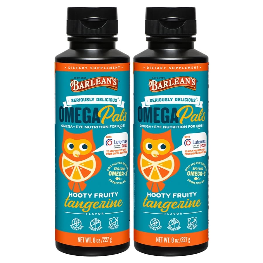 Barlean's Omega 3 Fish Oil Liquid Supplement for Kids, 500 mg of EPA and DHA Fatty Acid for Brain & Eye Health, Hooty Fruity Tangerine, 8 oz, 2 Pack