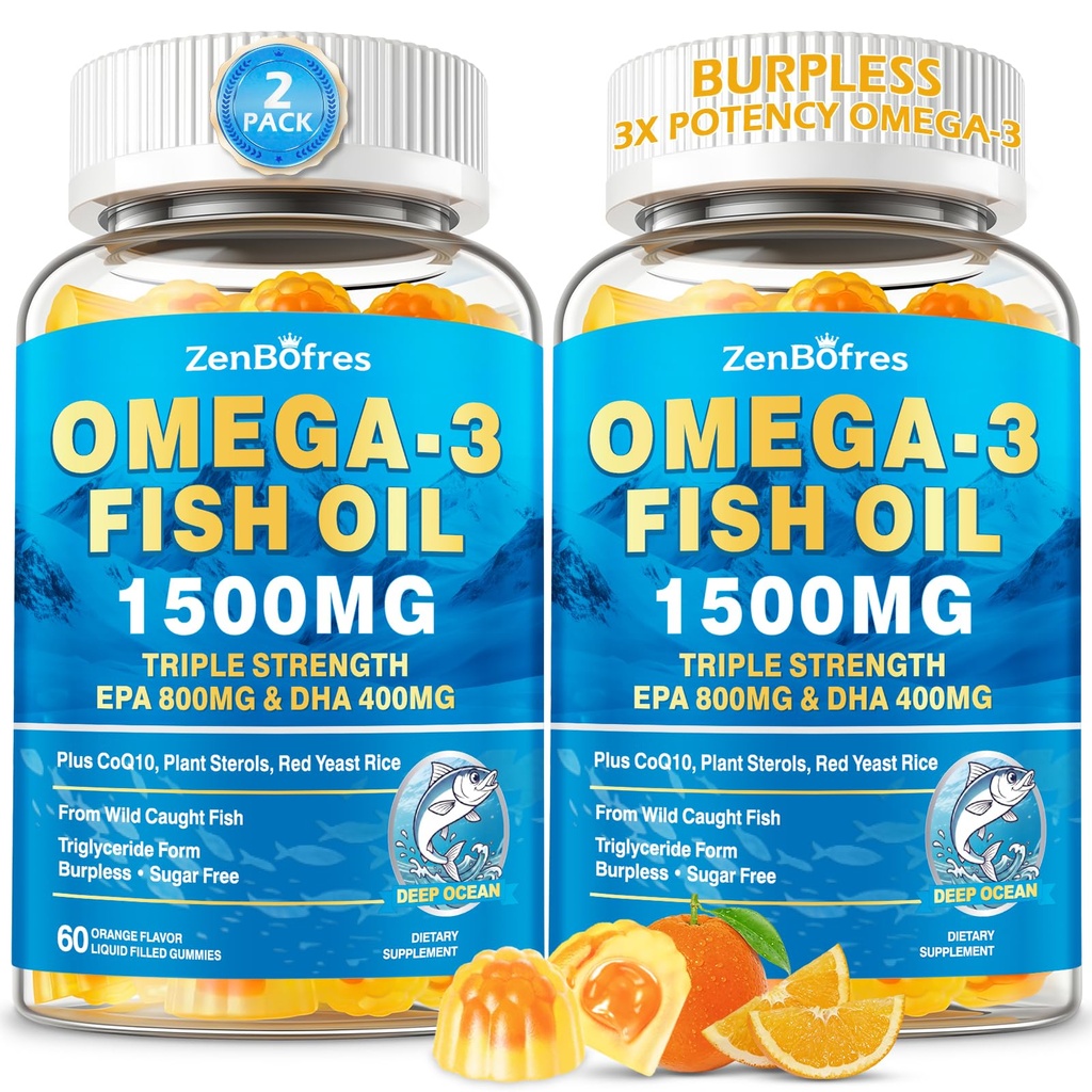 Omega 3 Fish Oil Gummies 1500mg, Triple Strength Omega 3 for Adults with EPA & DHA, CoQ10, Red Yeast Rice | Essential Fatty Acids | Wild Caught & Burpless | for Hḙar-t & Brain | Sugar Free, 120 Count