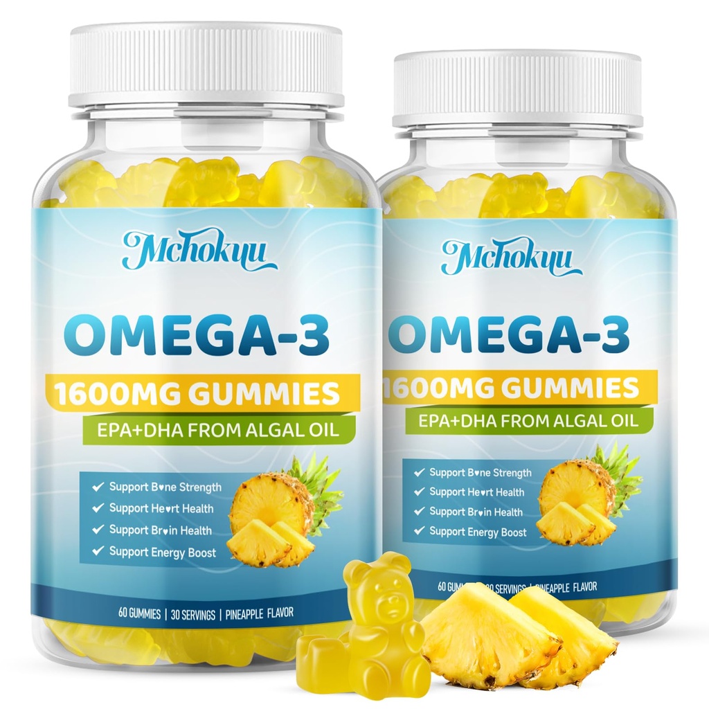 Vegan Omega-3 Gummies 1600mg EPA & DHA from Algal Oil, Fish Oil Alternative for Adults & Kids, Omega 3 Supplement with Vitamin D3 K2 for Brain, Eye & Immune Health Sugar Free Pineapple, 120 Count
