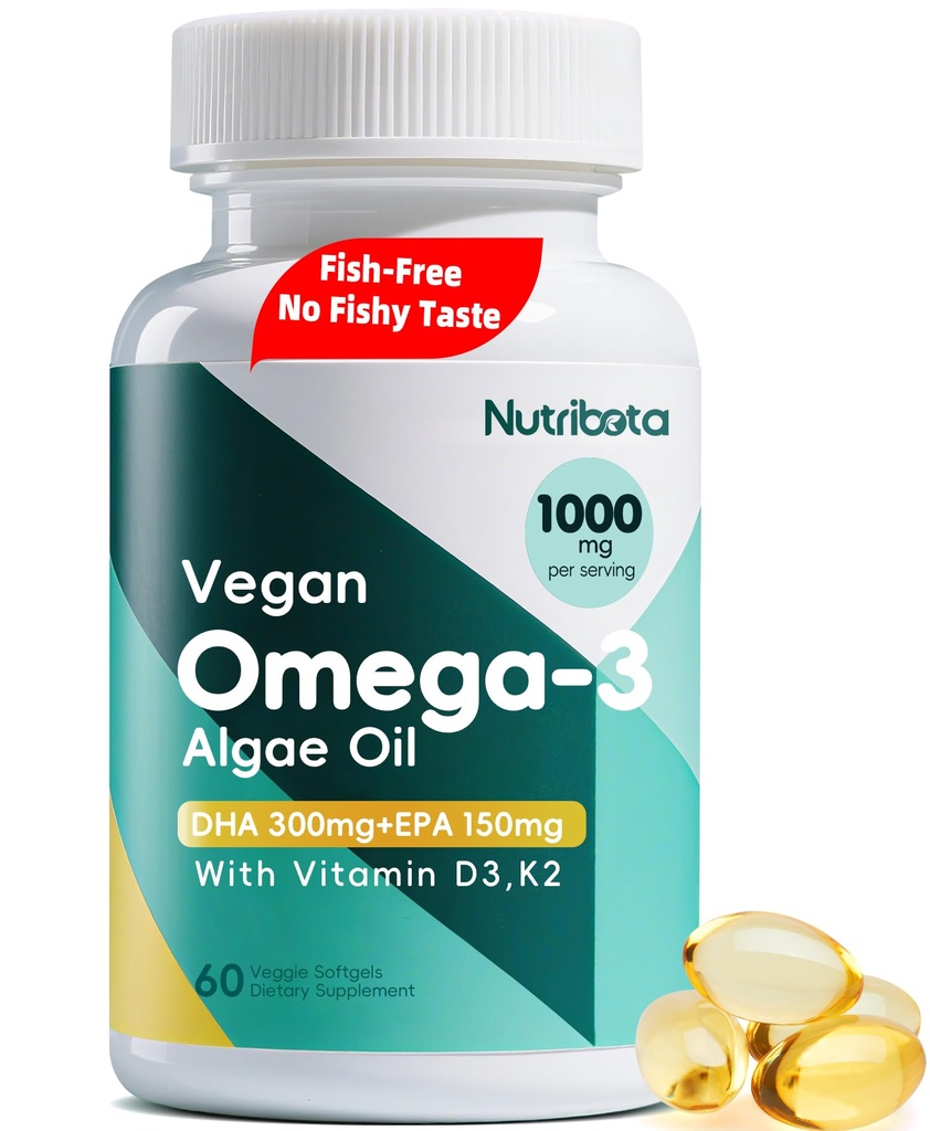 Vegan Omega-3 Algae Oil Supplement with DHA 300mg & EPA 150mg, Plant-Based Omega-3 with Vitamin D3 & K2, Fish-Free Algal Oil Softgels for Men & Women, 60 Softgels, 30 Day Supply